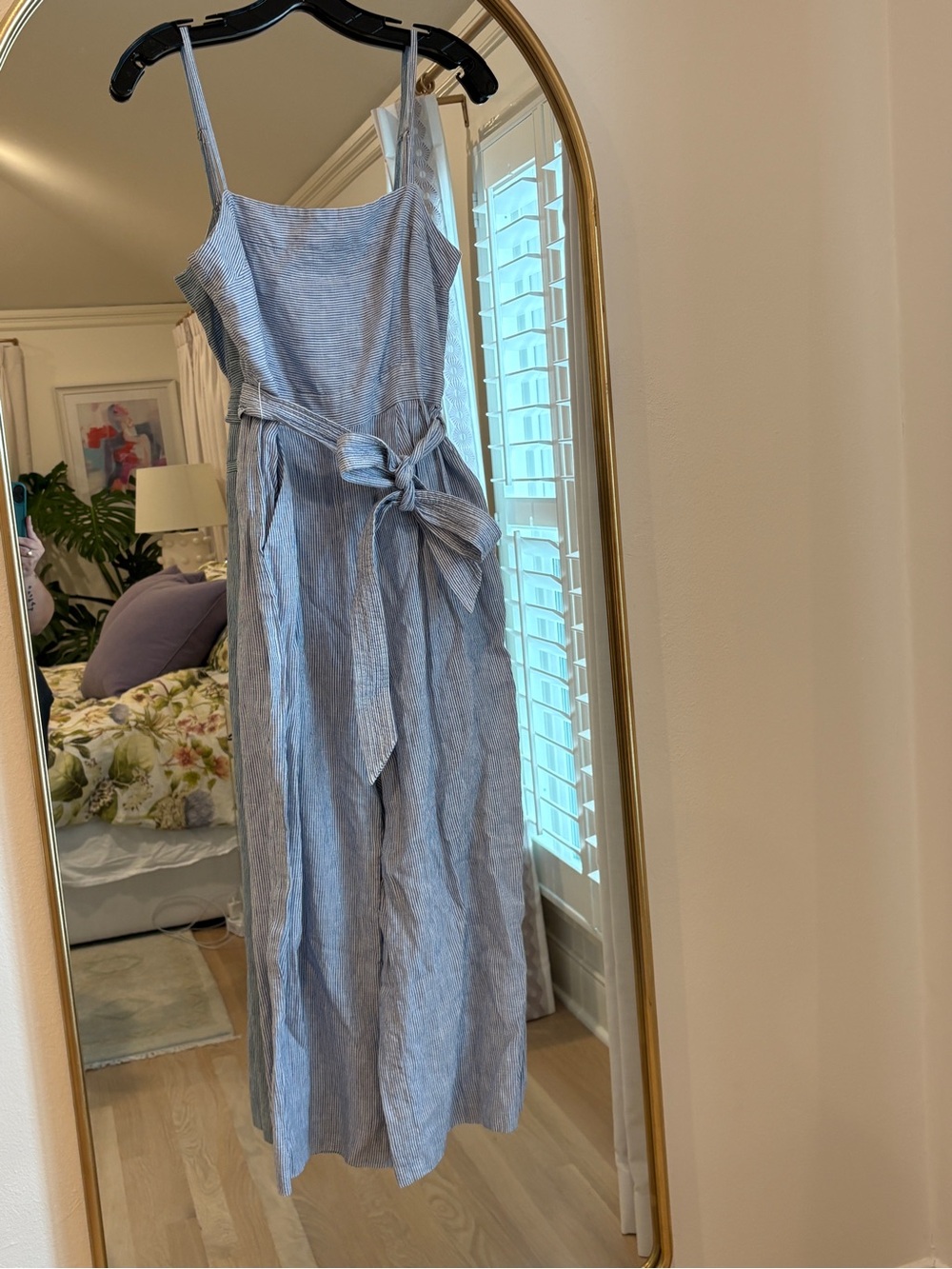 J. Crew Light Blue Striped Linen-Blend Jumpsuit with Waist Tie